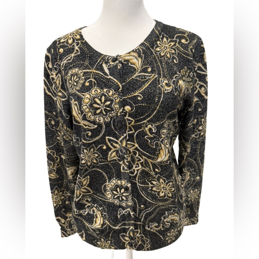 Top Knits Floral Patterned Black and Gold Metallic Women's Cardigan. Large